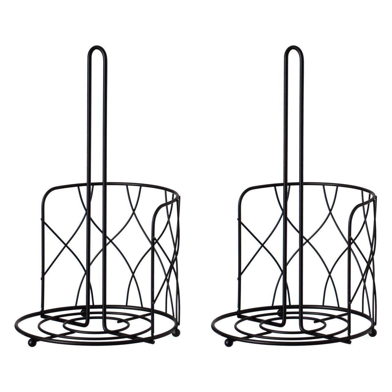 Basicwise Paper Towel Holder Countertop Set of 2 - Black Iron Stand with Weighted Non-Slip Base, One-Handed Tear, Raised Base Keeps Towels Dry, Modern Kitchen or Bathroom Dispenser